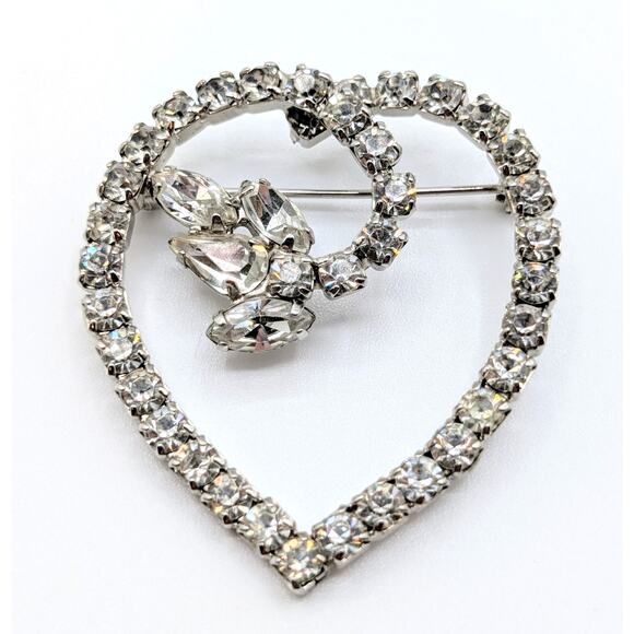 Vintage Round Teardrop Marquis Rhinestone Heart Silver Tone Brooch - Picture 1 of 3